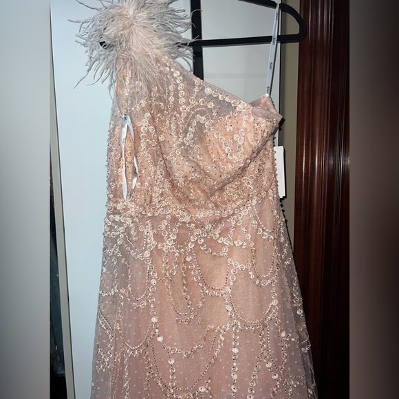 Feathered one shoulder A-line embroidered long gown - Picture 7 of 11